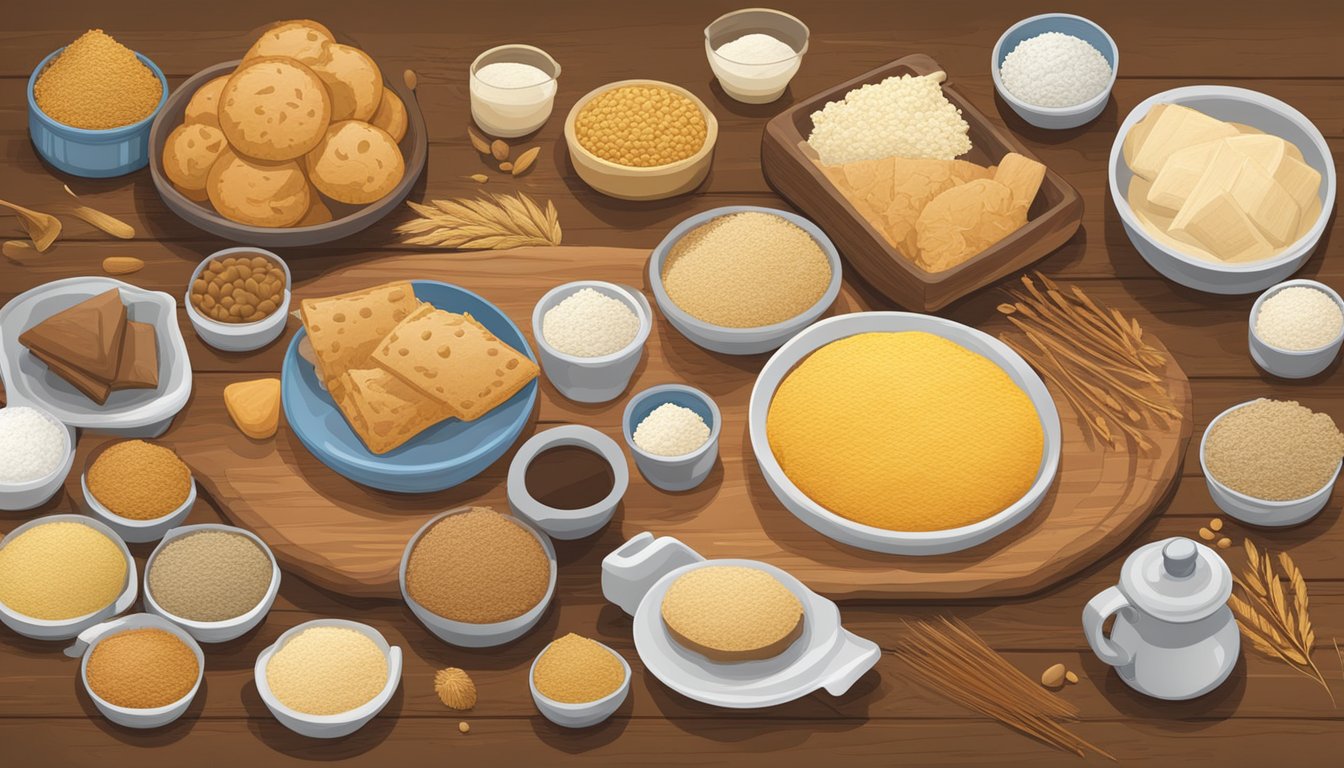 A table with a variety of flours from around the world, surrounded by cultural and culinary symbols of Texas