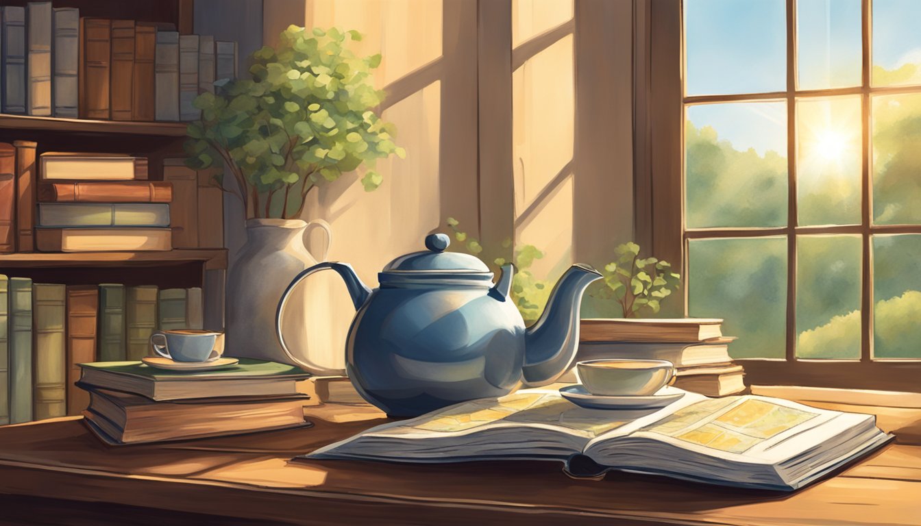 A cozy teapot steams on a rustic table, surrounded by books and a map of Texas. Sunlight filters through a window onto the inviting scene