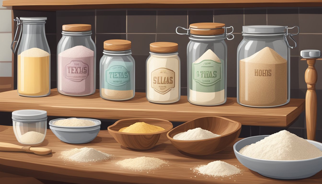 A Texas kitchen with various types of flour in labeled jars, a scale, mixing bowls, and a rolling pin on a wooden countertop