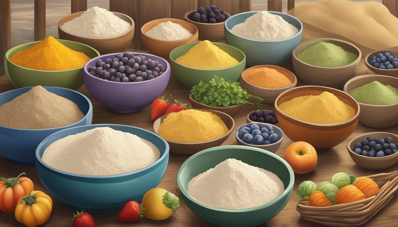 A variety of bowls filled with different types of flour, surrounded by fresh fruits and vegetables, with a rustic Texas backdrop