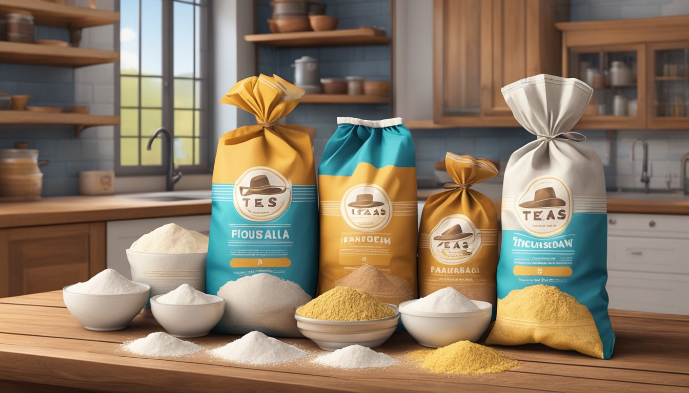 A colorful array of various types of flour sacks stacked on a wooden table, with Texas-themed kitchen decor in the background