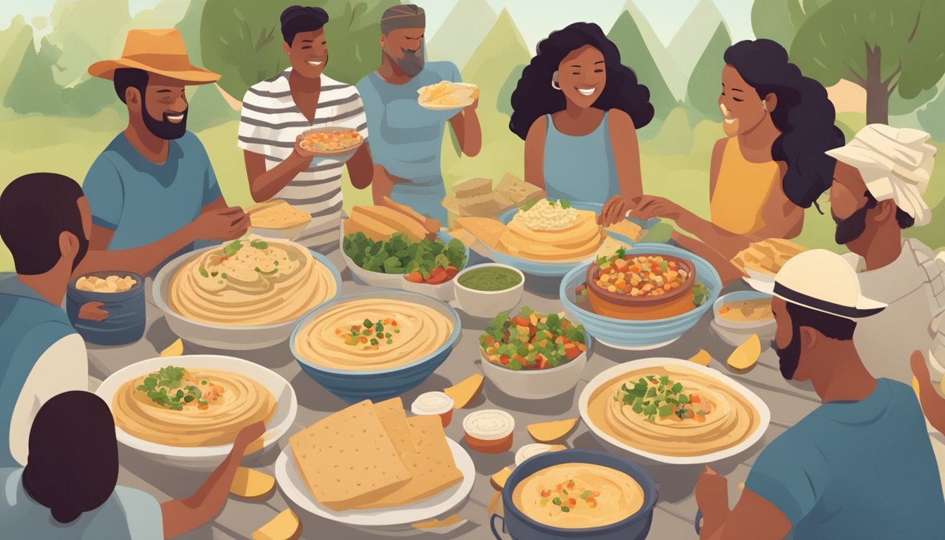 A festive outdoor picnic in Texas, with a spread of hummus, pita bread, and various toppings. People gather around to taste and celebrate Hummus Day