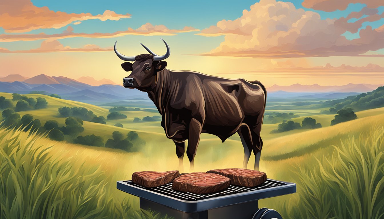 A sizzling grass-fed steak on a hot grill, surrounded by Texas landscape with rolling hills and a big blue sky