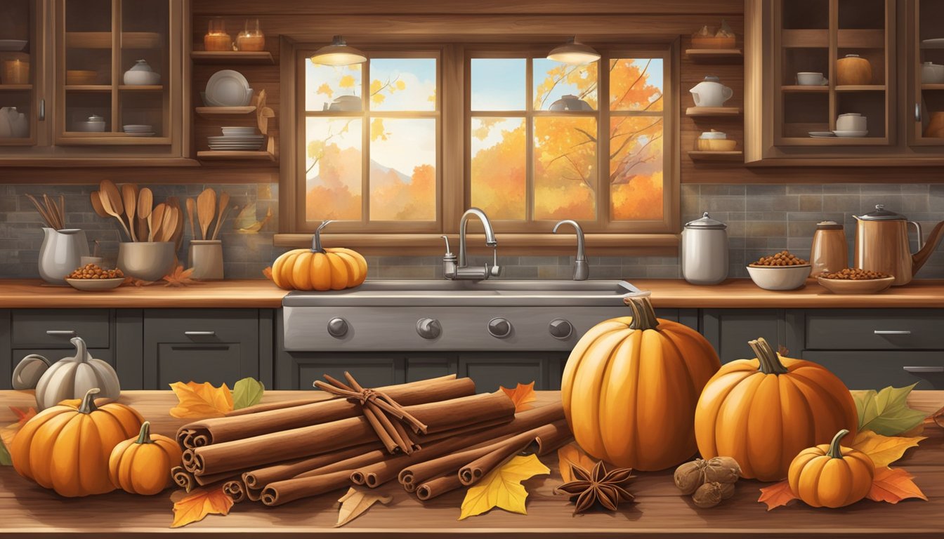 A rustic kitchen counter adorned with cinnamon sticks, nutmeg, cloves, and star anise, surrounded by pumpkins and autumn leaves