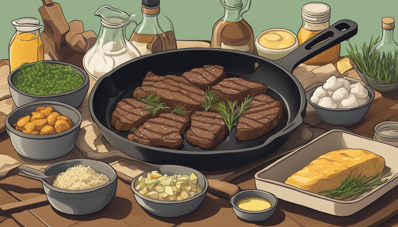 A sizzling skillet with grass-fed beef cooking in Texas, surrounded by various recommended fats and oils