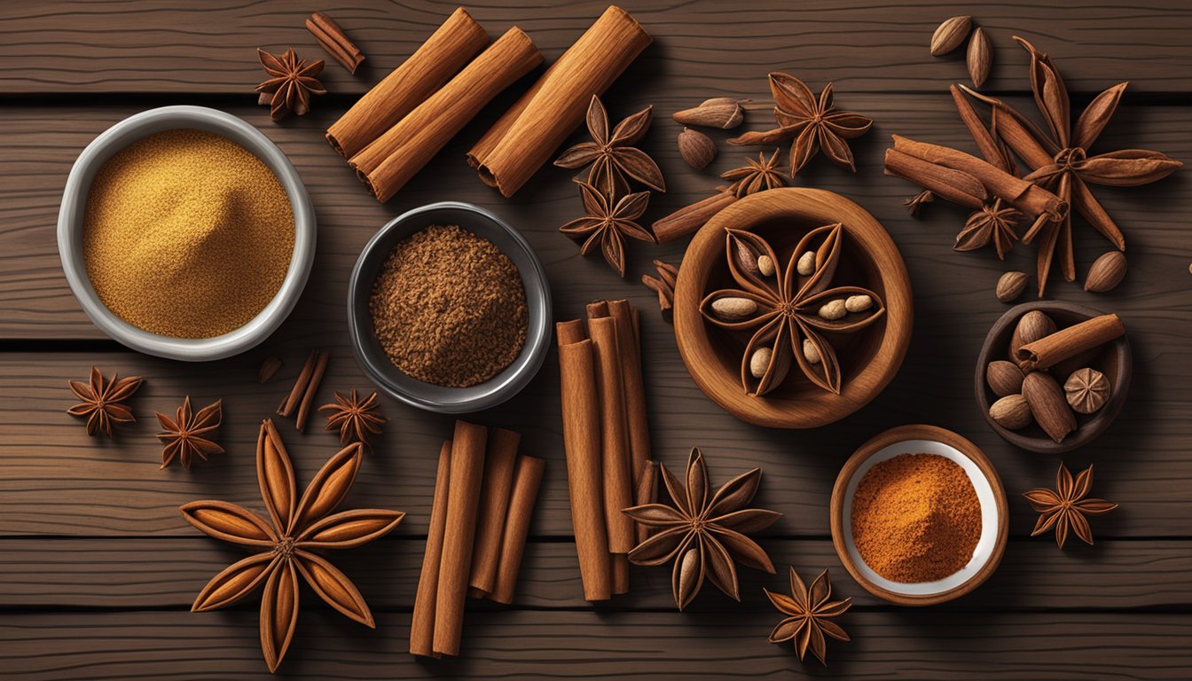 A colorful array of fall spices - cinnamon sticks, nutmeg, cloves, and star anise - arranged on a rustic wooden table in a Texas kitchen