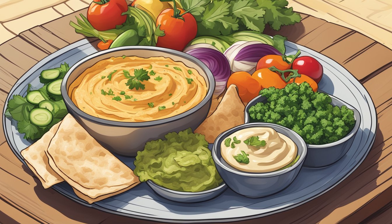 A colorful plate of hummus, surrounded by fresh vegetables and pita bread, sits on a table in a sunny Texas backyard