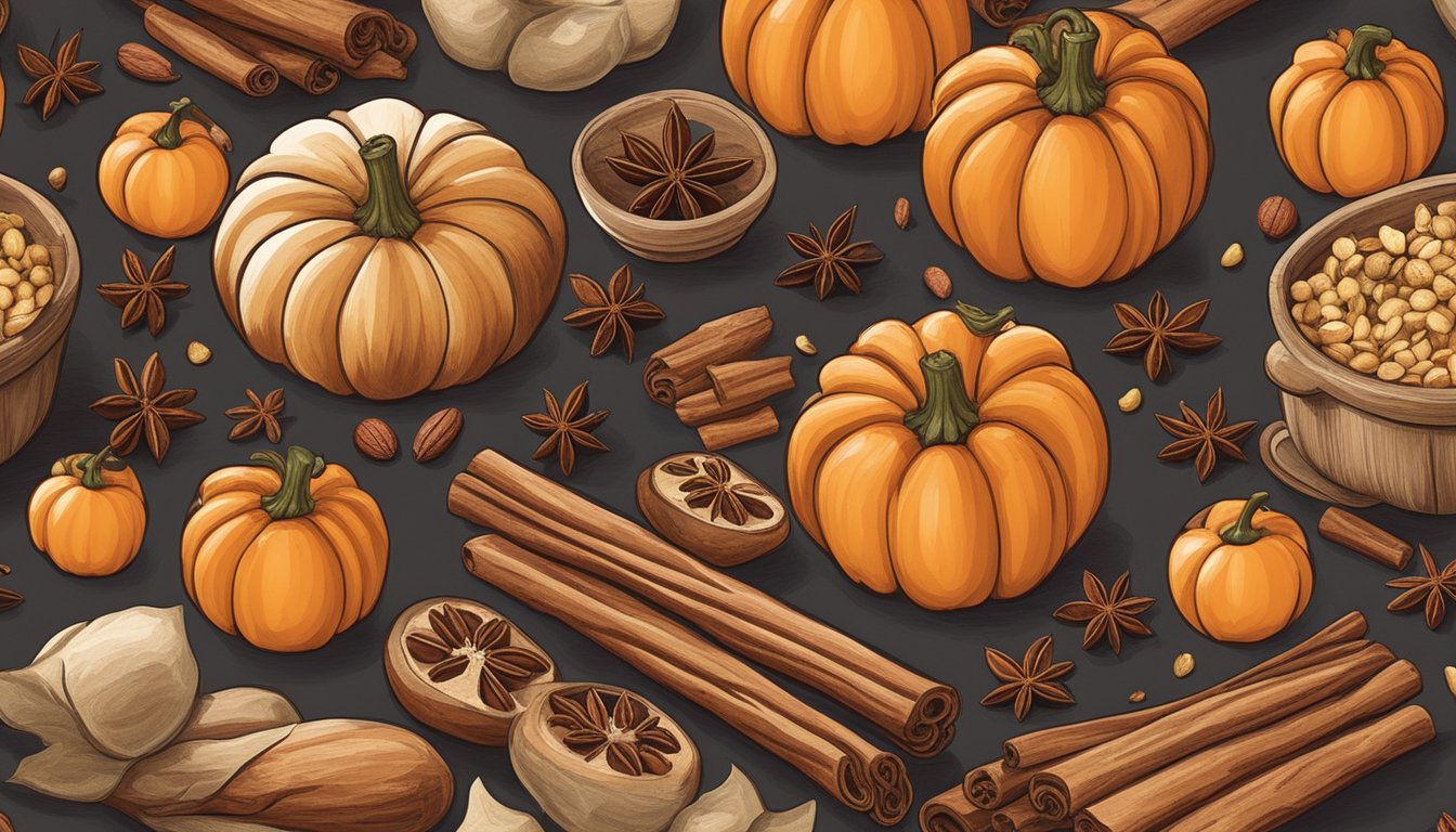 A rustic kitchen counter with cinnamon sticks, nutmeg, cloves, and star anise scattered alongside pumpkins and apples