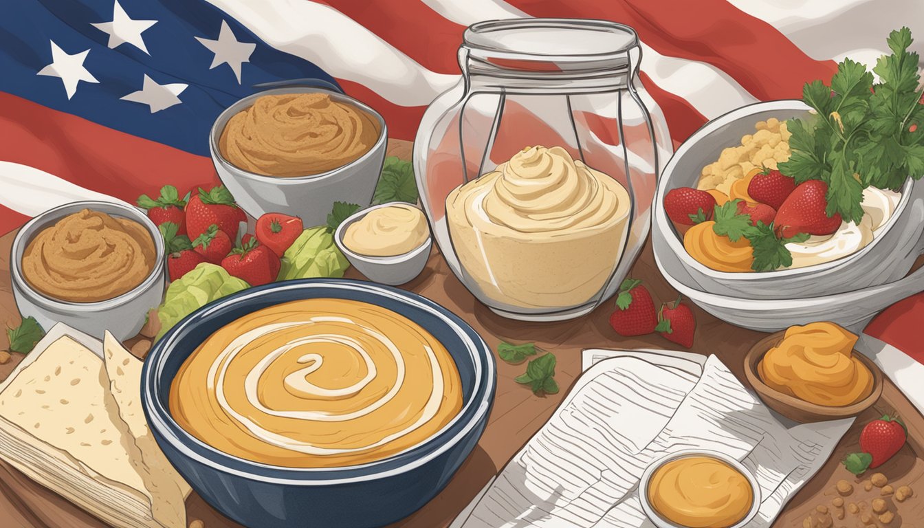 A table set with bowls of dessert hummus surrounded by ingredients and recipe cards, with a Texas flag hanging in the background