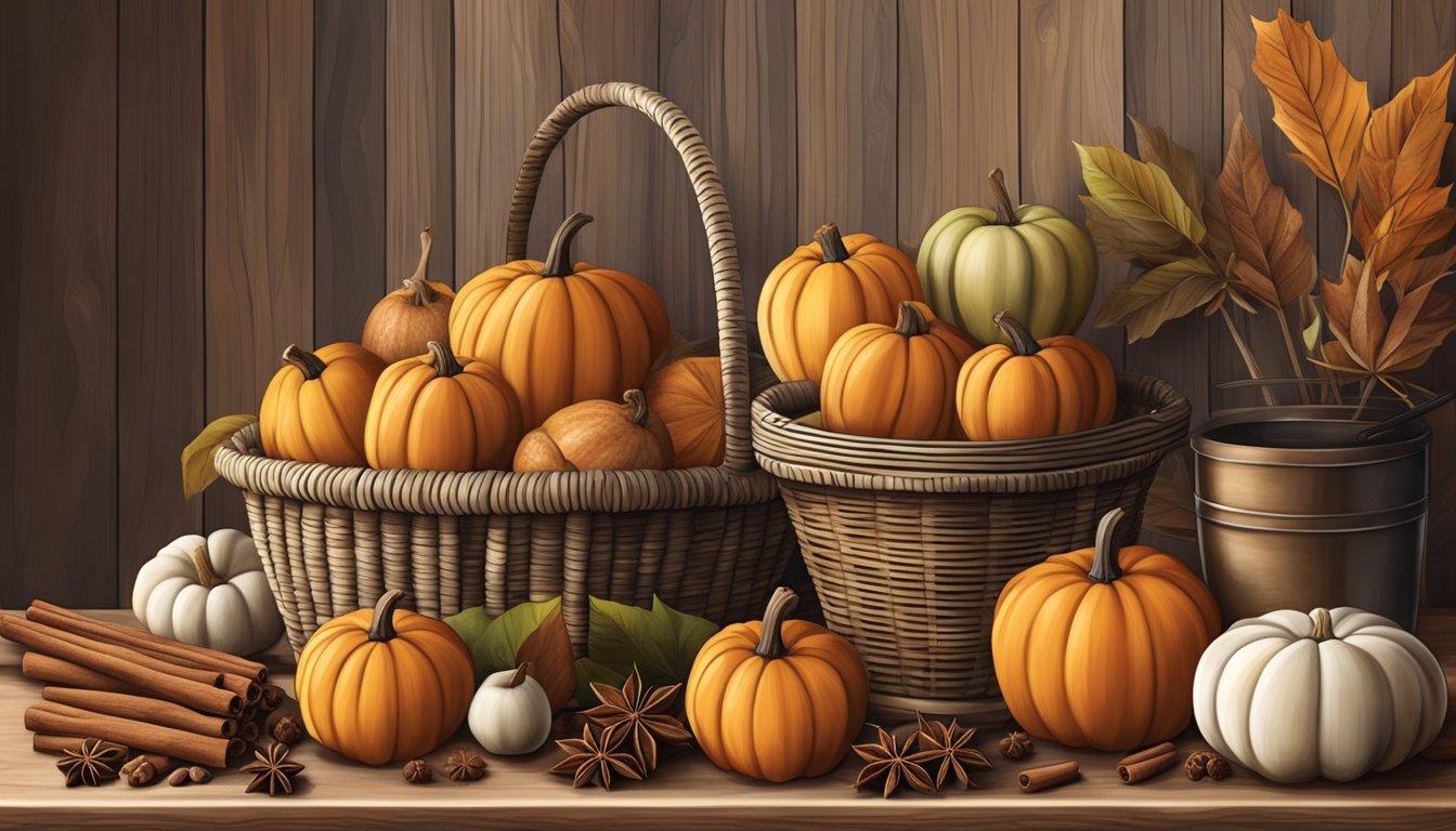 A rustic kitchen counter adorned with cinnamon sticks, nutmeg, cloves, and star anise, with a pumpkin and a basket of apples nearby