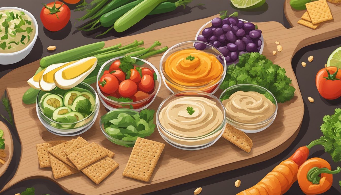 A colorful spread of healthy snacks, including hummus, fresh vegetables, and whole grain crackers, arranged on a wooden cutting board