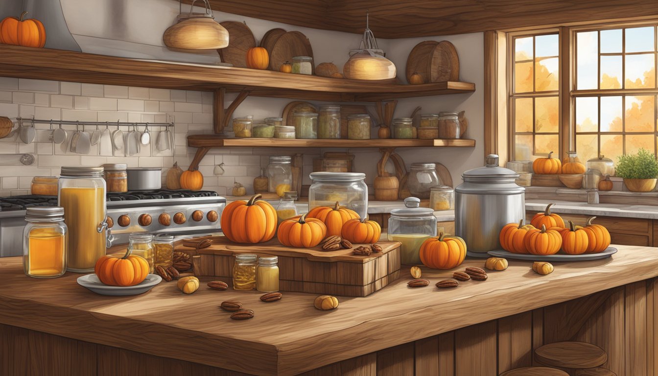 A rustic kitchen counter adorned with pumpkins, apples, and cinnamon sticks, surrounded by jars of local honey and pecans