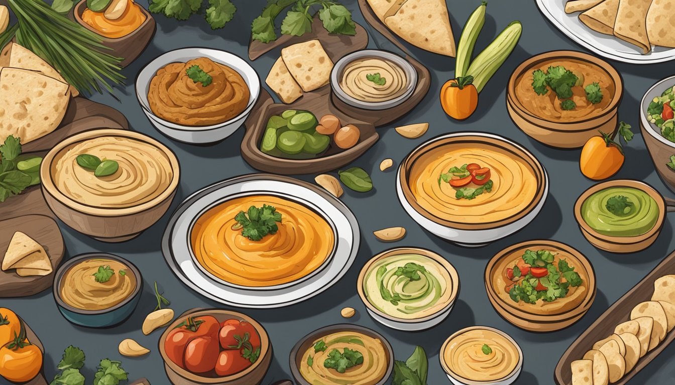 A table set with various flavors of hummus in decorative bowls, surrounded by pita bread, vegetables, and garnishes. A dessert hummus platter is being served in a cozy Texas restaurant