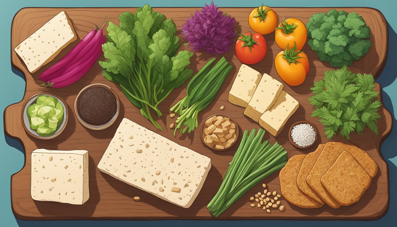 A colorful spread of tofu, tempeh, and seitan arranged on a wooden cutting board, surrounded by various Texas-grown plant-based ingredients