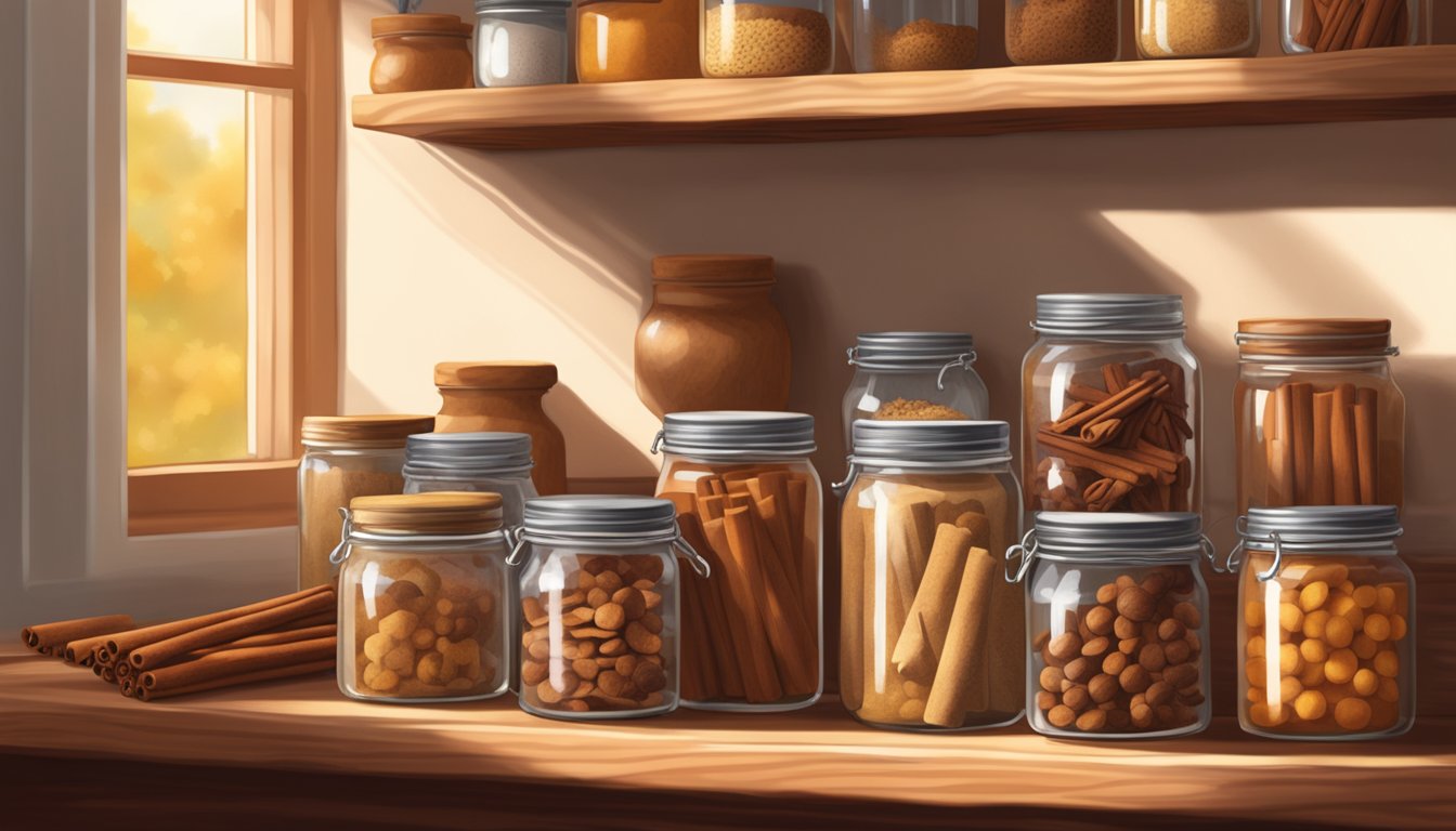 A wooden shelf filled with jars of cinnamon, nutmeg, cloves, and ginger, bathed in warm sunlight in a cozy Texas kitchen