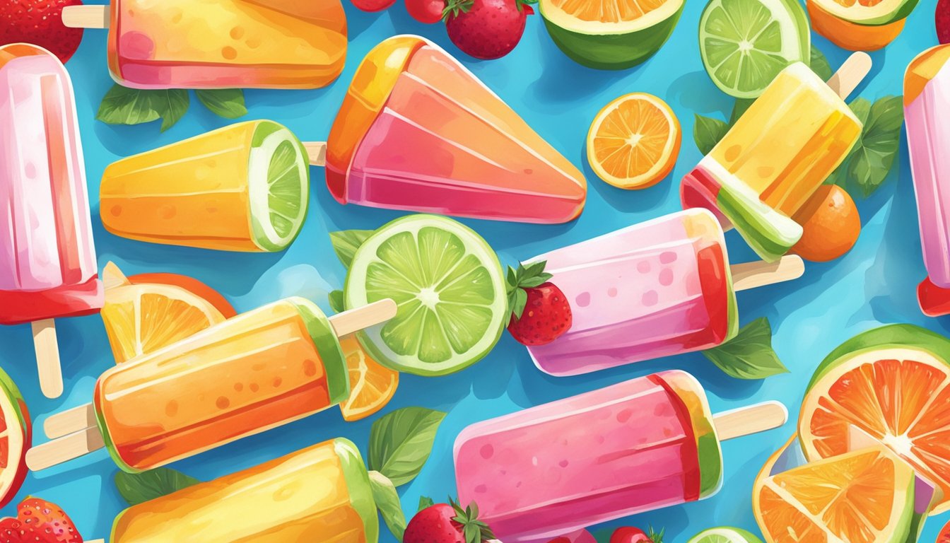 Colorful, fruit-filled popsicles sit on a tray against a backdrop of a hot, sunny Texas summer day. The vibrant, refreshing treats glisten in the sun, promising a cool and healthy indulgence