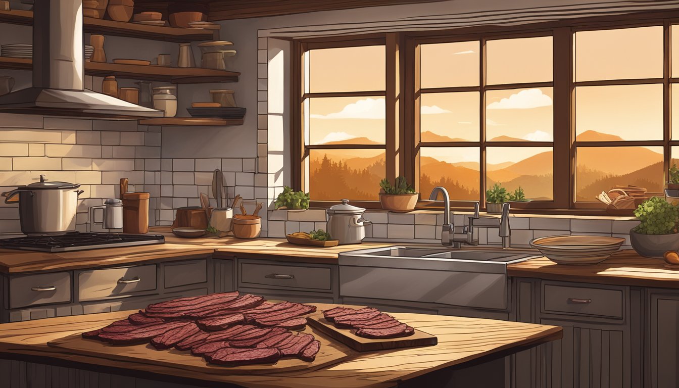 A rustic Texan kitchen with fresh venison being sliced into thin strips and marinated in a homemade jerky seasoning. A window lets in warm sunlight as the meat is laid out to air dry