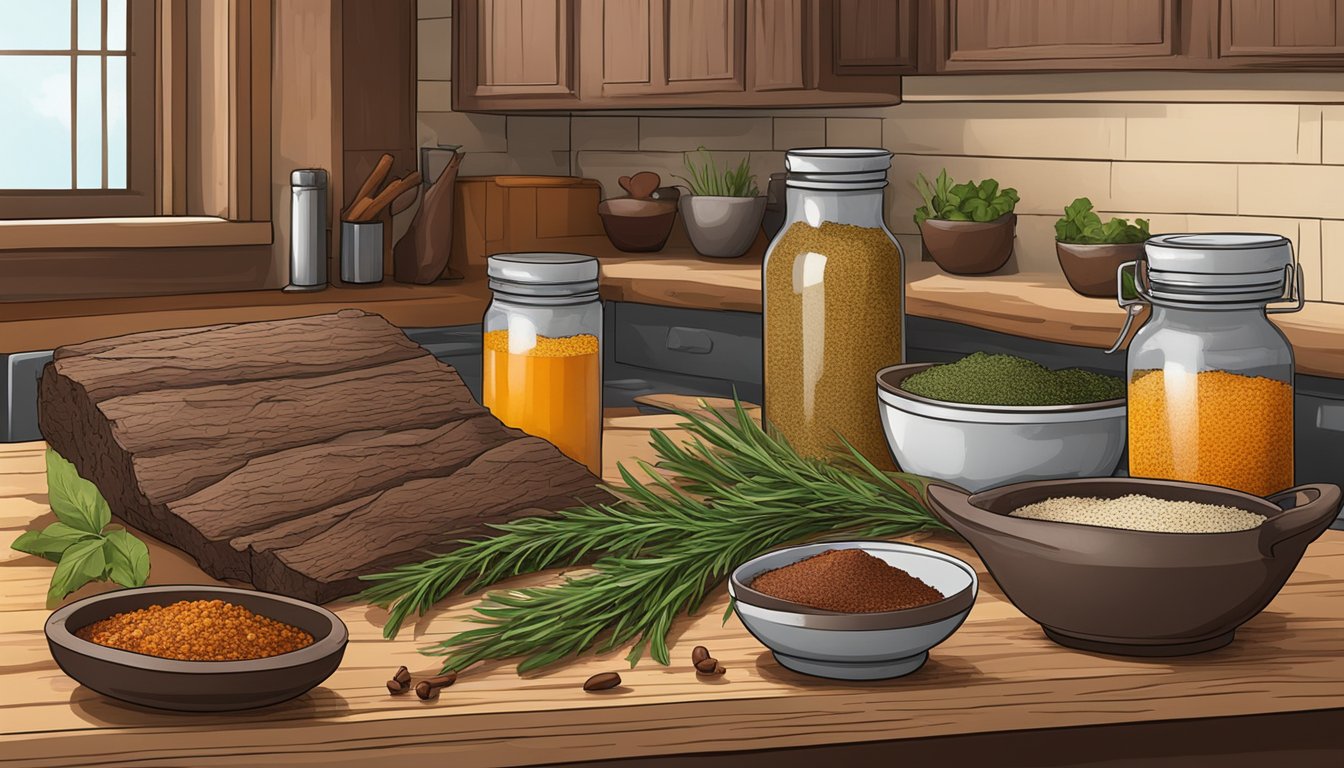 A rustic kitchen counter holds a variety of spices, herbs, and flavorings next to a slab of venison meat ready to be seasoned for jerky making in Texas