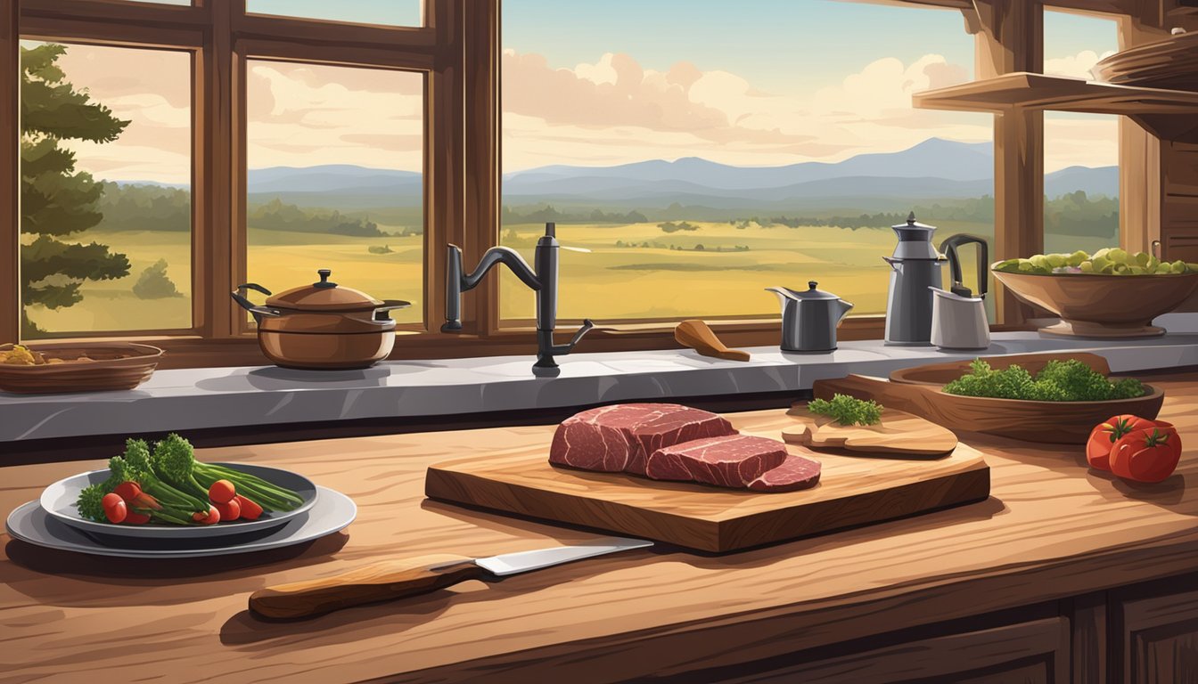 A rustic kitchen counter with a cutting board, knife, and raw venison meat, surrounded by Texan countryside scenery