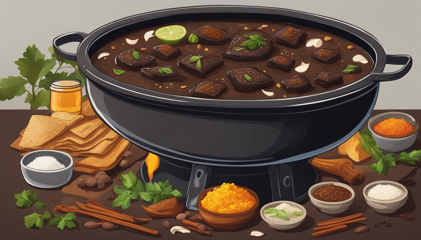 A bubbling cauldron of rich, dark mole sauce simmers over a crackling fire, surrounded by vibrant spices and fresh ingredients