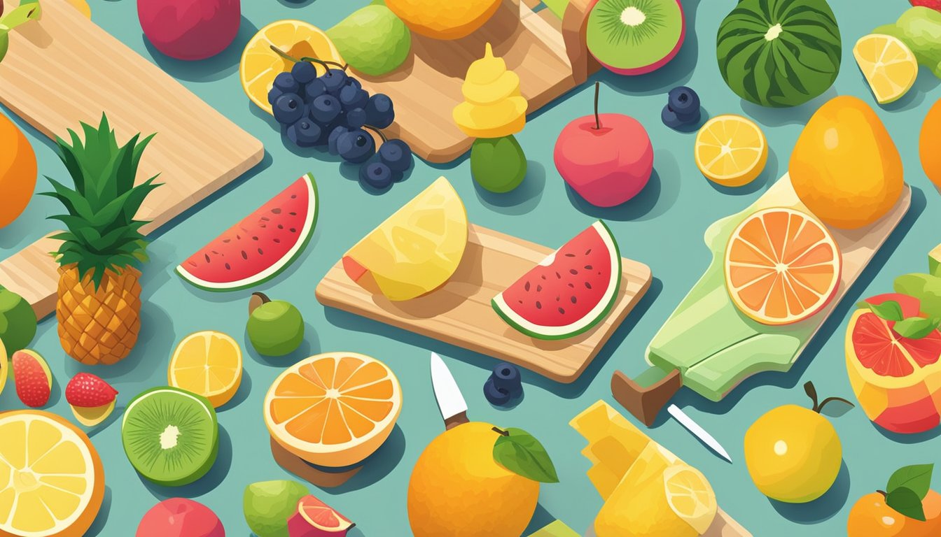 A colorful array of fresh fruit, cutting board, knife, and popsicle molds on a sunny kitchen counter