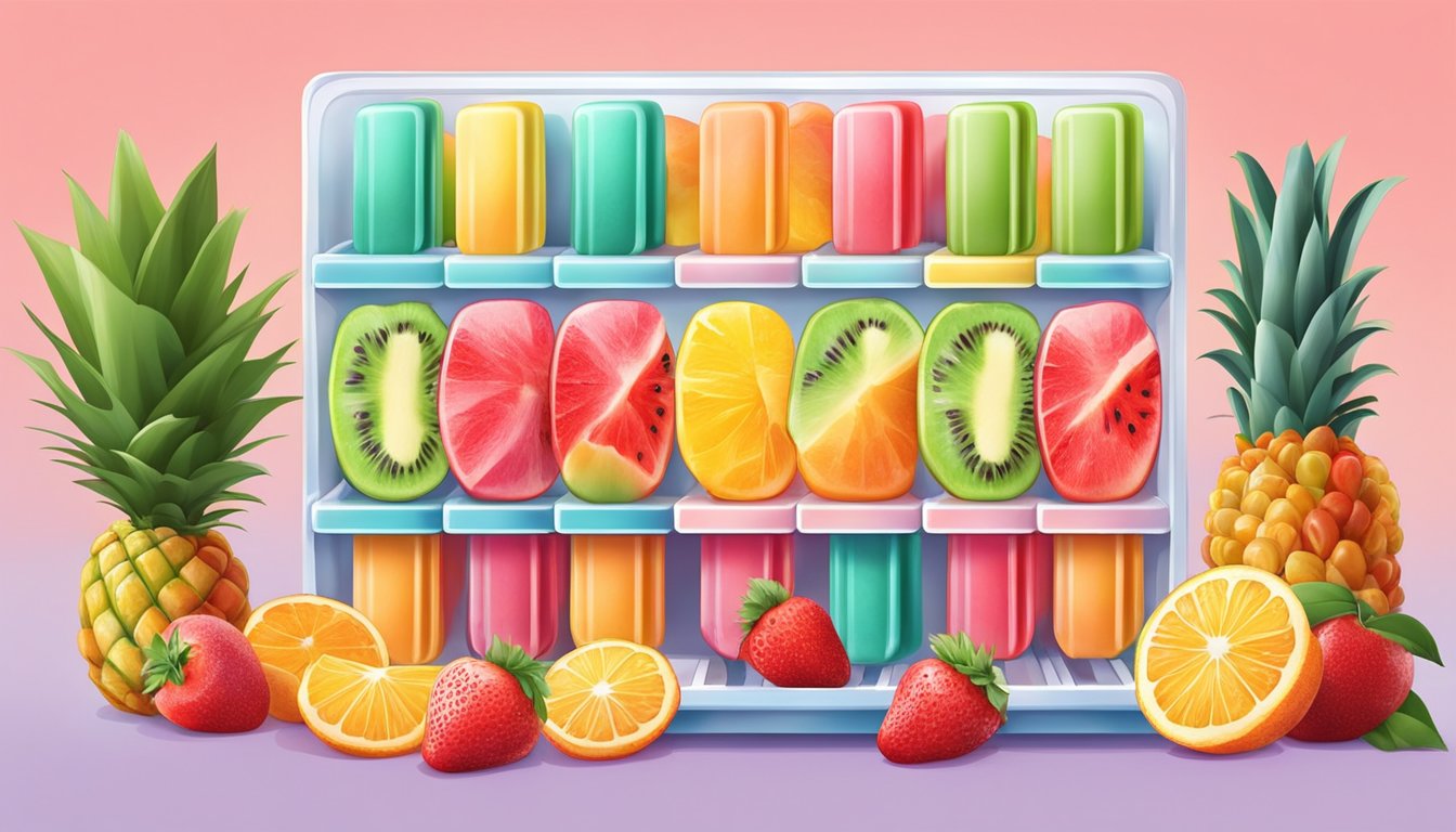 A colorful array of fresh fruit popsicles arranged in a freezer, surrounded by vibrant summer decor