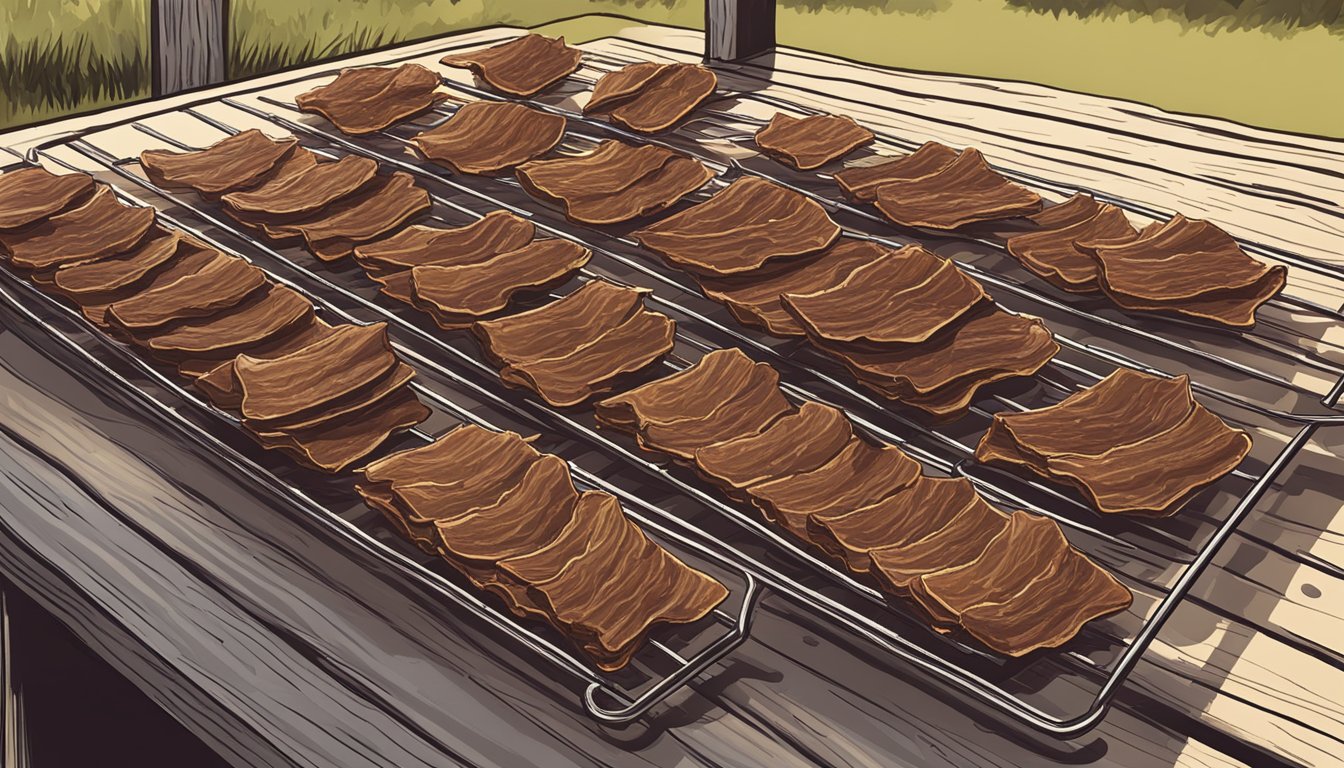 A rustic kitchen counter with strips of homemade venison jerky laid out on a wire rack under the warm Texas sun