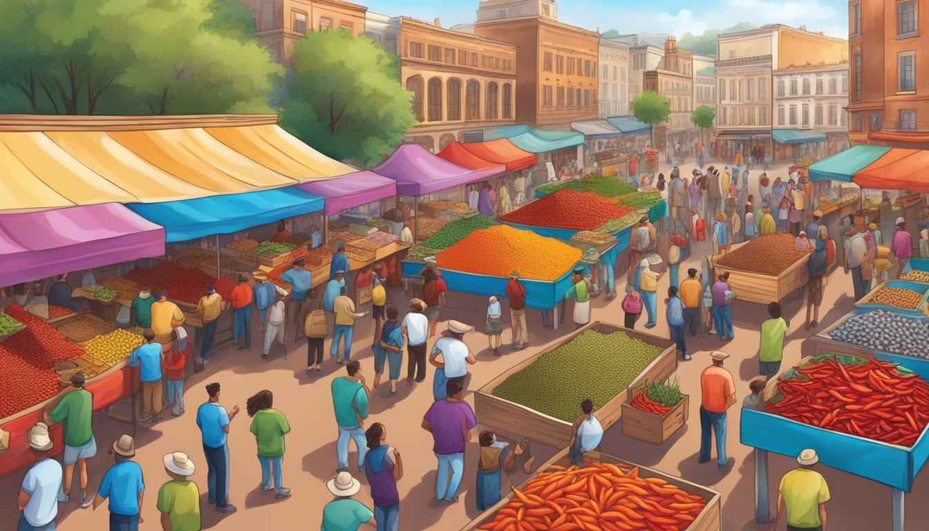 Vibrant market stall with colorful array of chili peppers, chocolate, and spices, surrounded by bustling crowd in a Texan town square