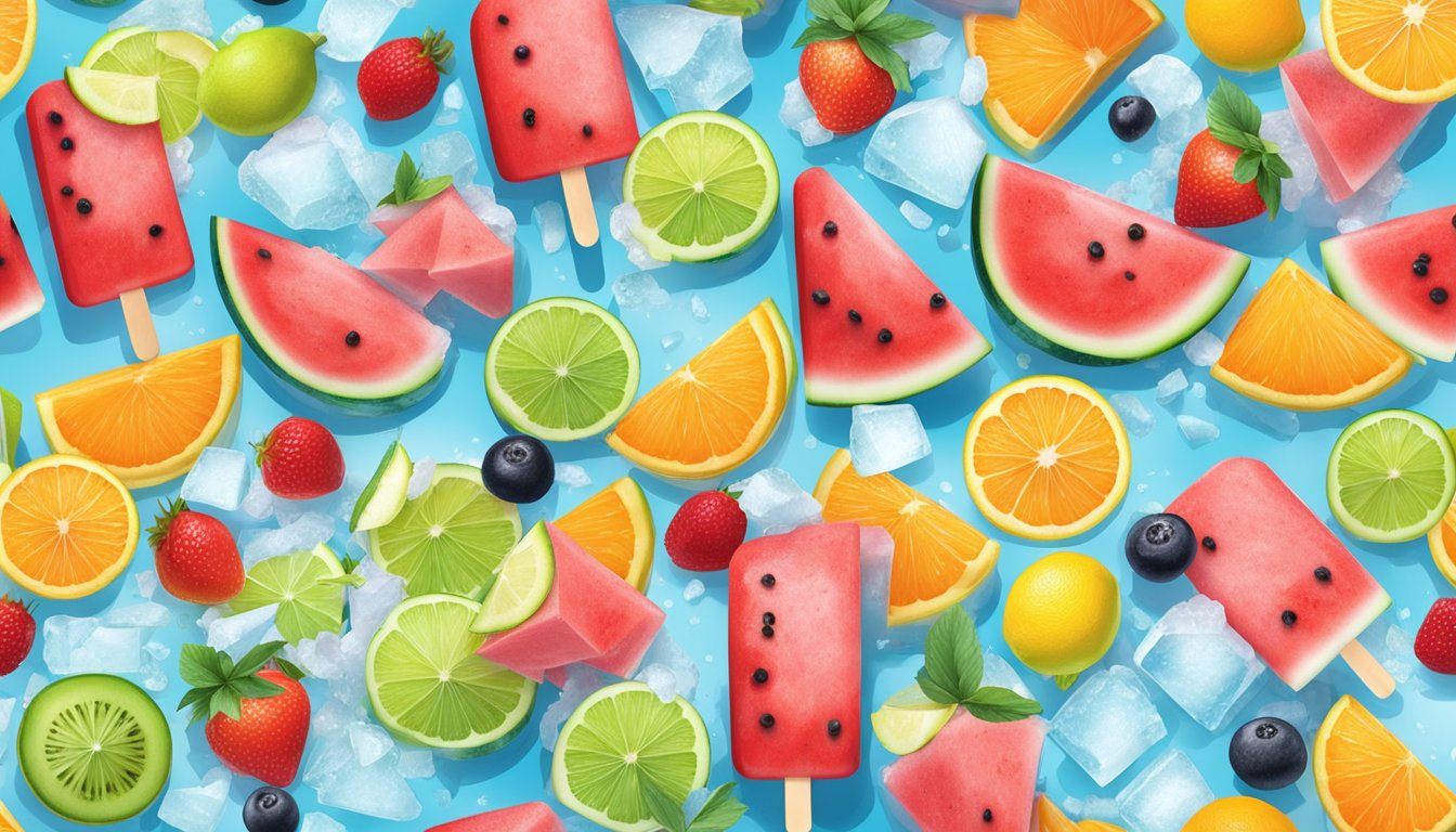 A colorful assortment of fruit popsicles arranged on a bed of ice, with vibrant slices of watermelon and citrus fruits scattered around