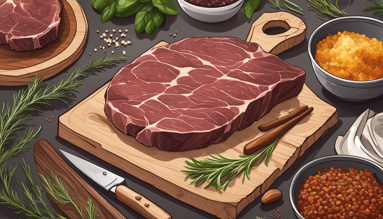 A rustic kitchen counter with a cutting board, knife, and raw venison meat, surrounded by herbs, spices, and a bowl of marinade