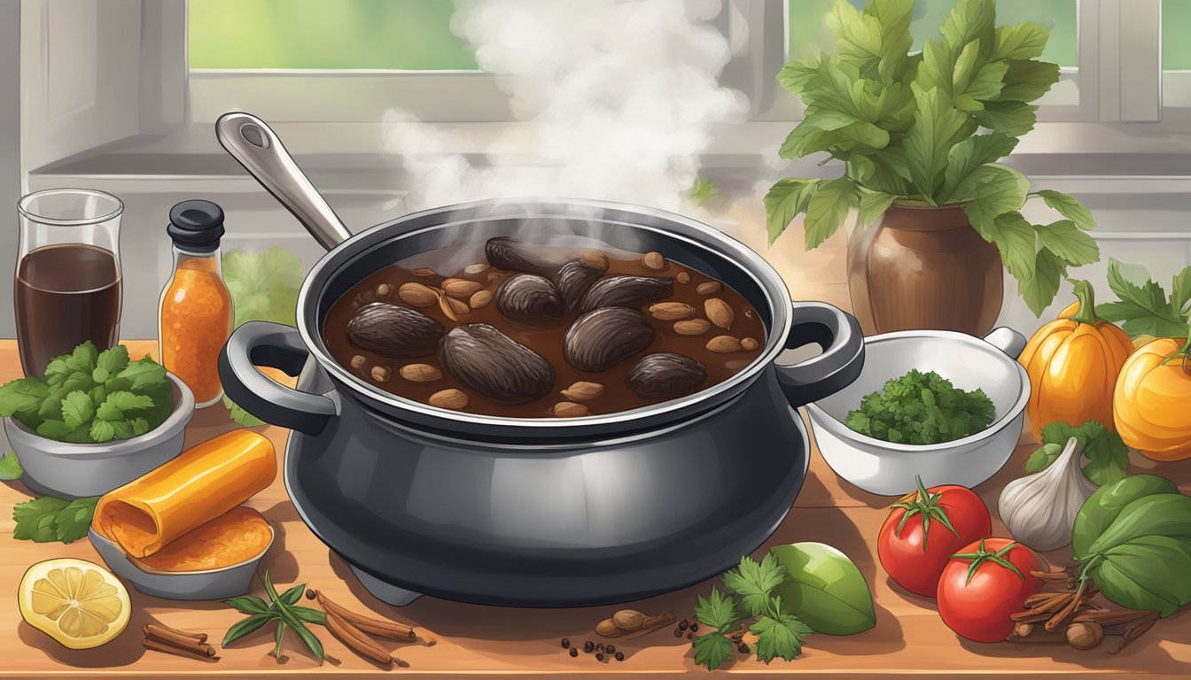 A steaming pot of rich, dark mole simmering on a stovetop, surrounded by vibrant fresh ingredients and traditional spices