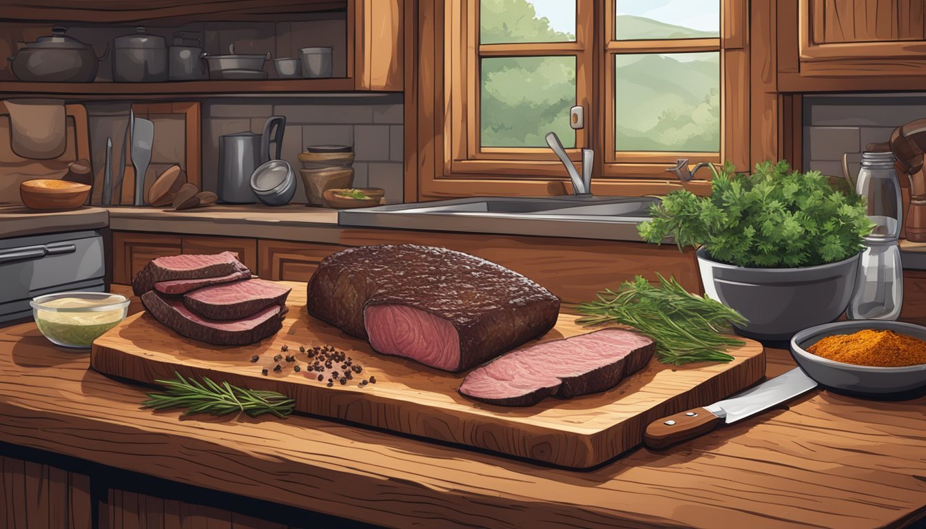 A rustic Texan kitchen with a window view, a slab of venison meat being sliced on a wooden cutting board, and various spices and herbs scattered around for customizing the jerky