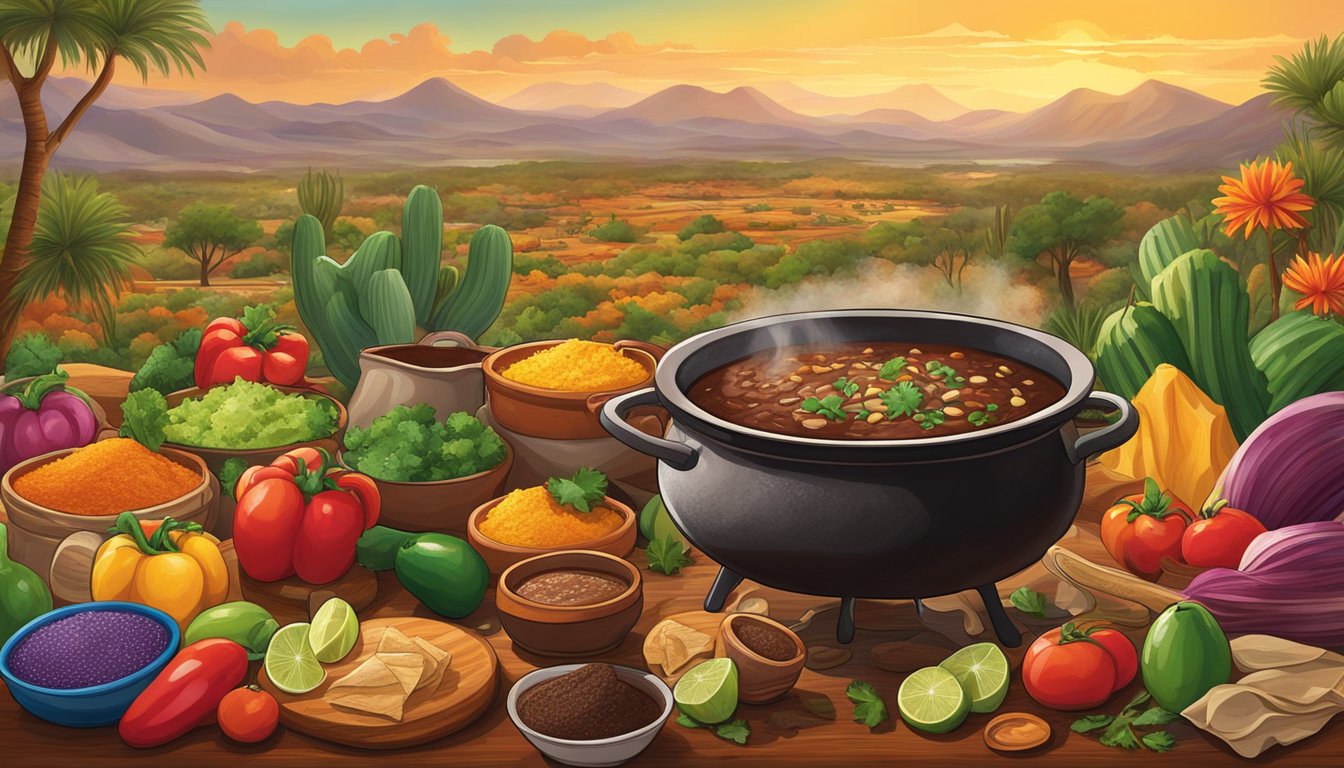 A colorful array of Mexican ingredients surround a steaming pot of rich, aromatic mole sauce, while the Texas landscape provides a picturesque backdrop