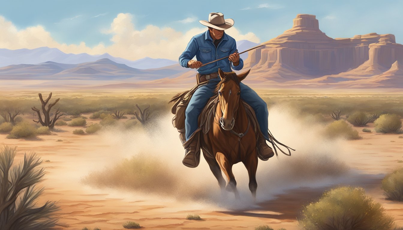 A lone cowboy riding through the vast Texas desert, sprinkling a pinch of salt onto the dry earth