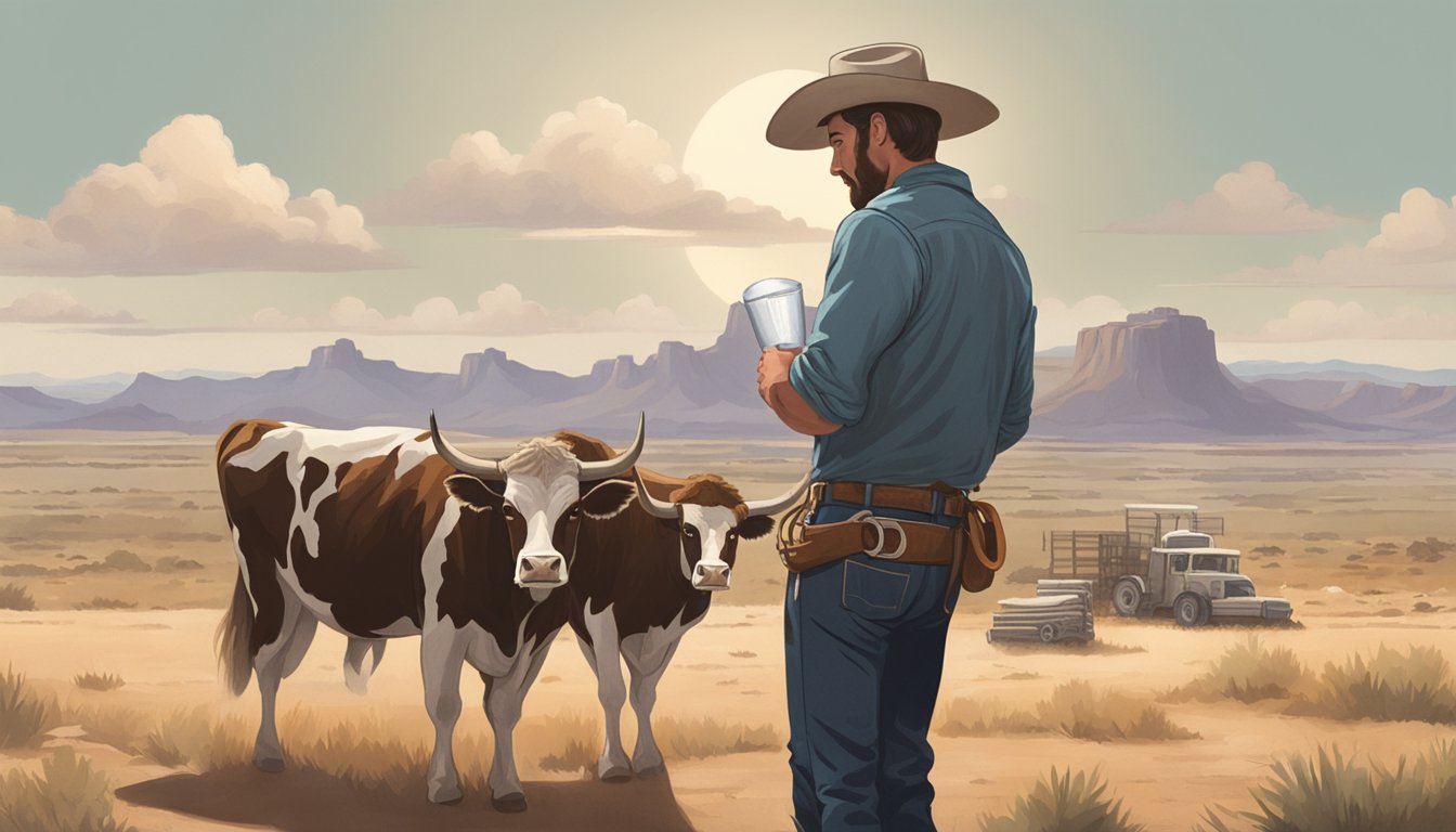 A cowboy holding a salt shaker while standing next to a skeptical-looking steer in a dusty Texas landscape