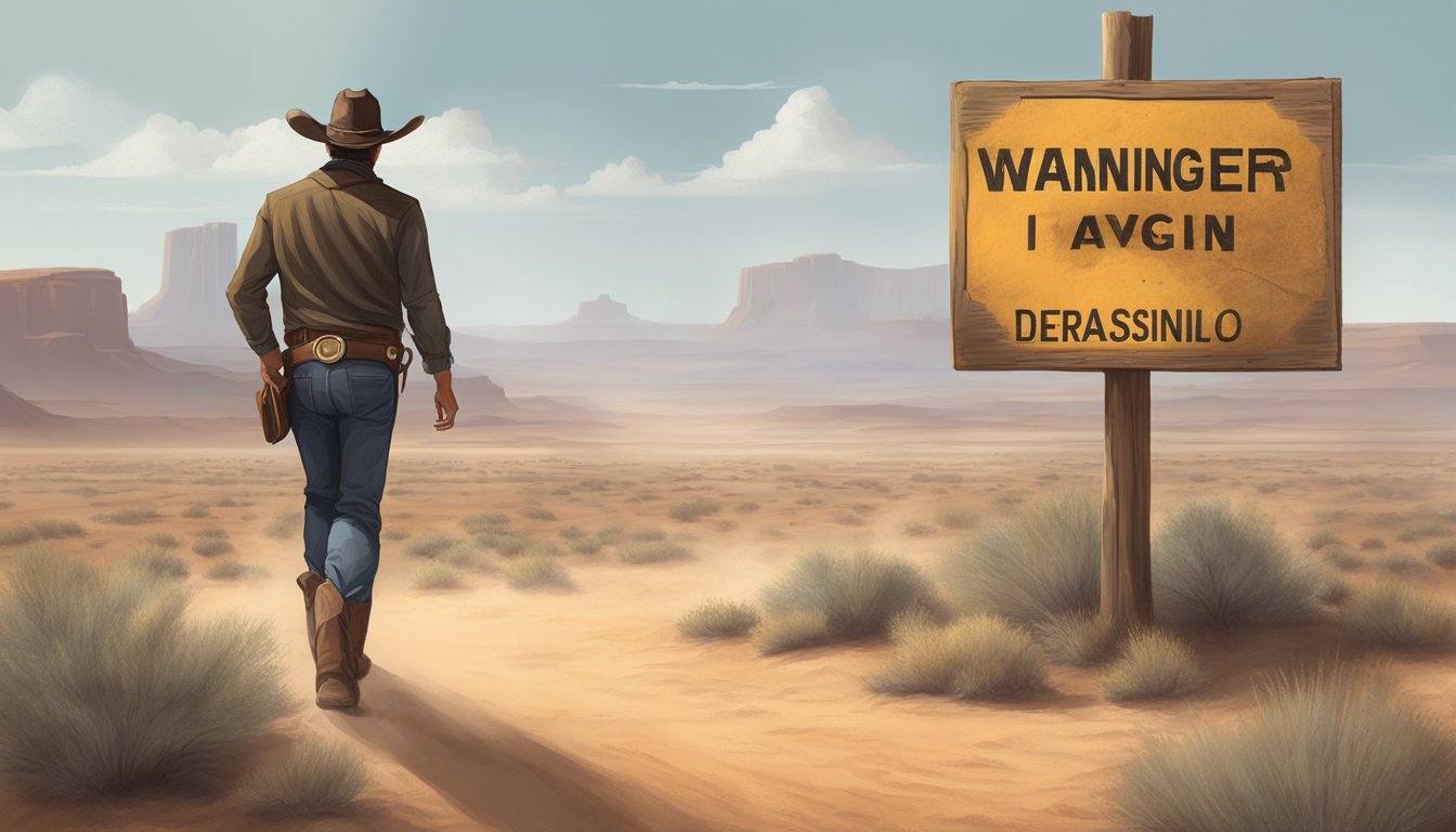 A lone cowboy cautiously approaches a sign warning of danger in the vast, dusty Texas desert