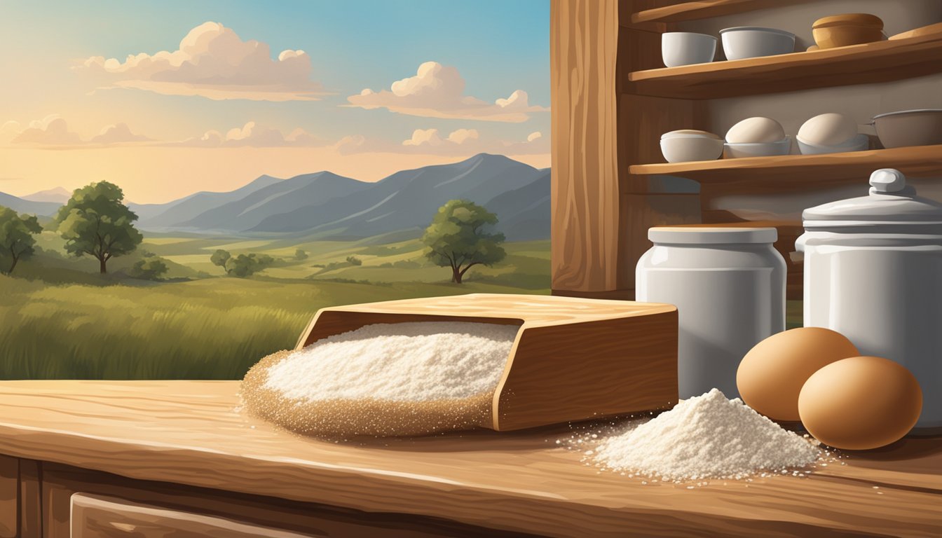 A rustic kitchen counter with flour, eggs, yeast, and a rolling pin, set against a backdrop of the Texas countryside