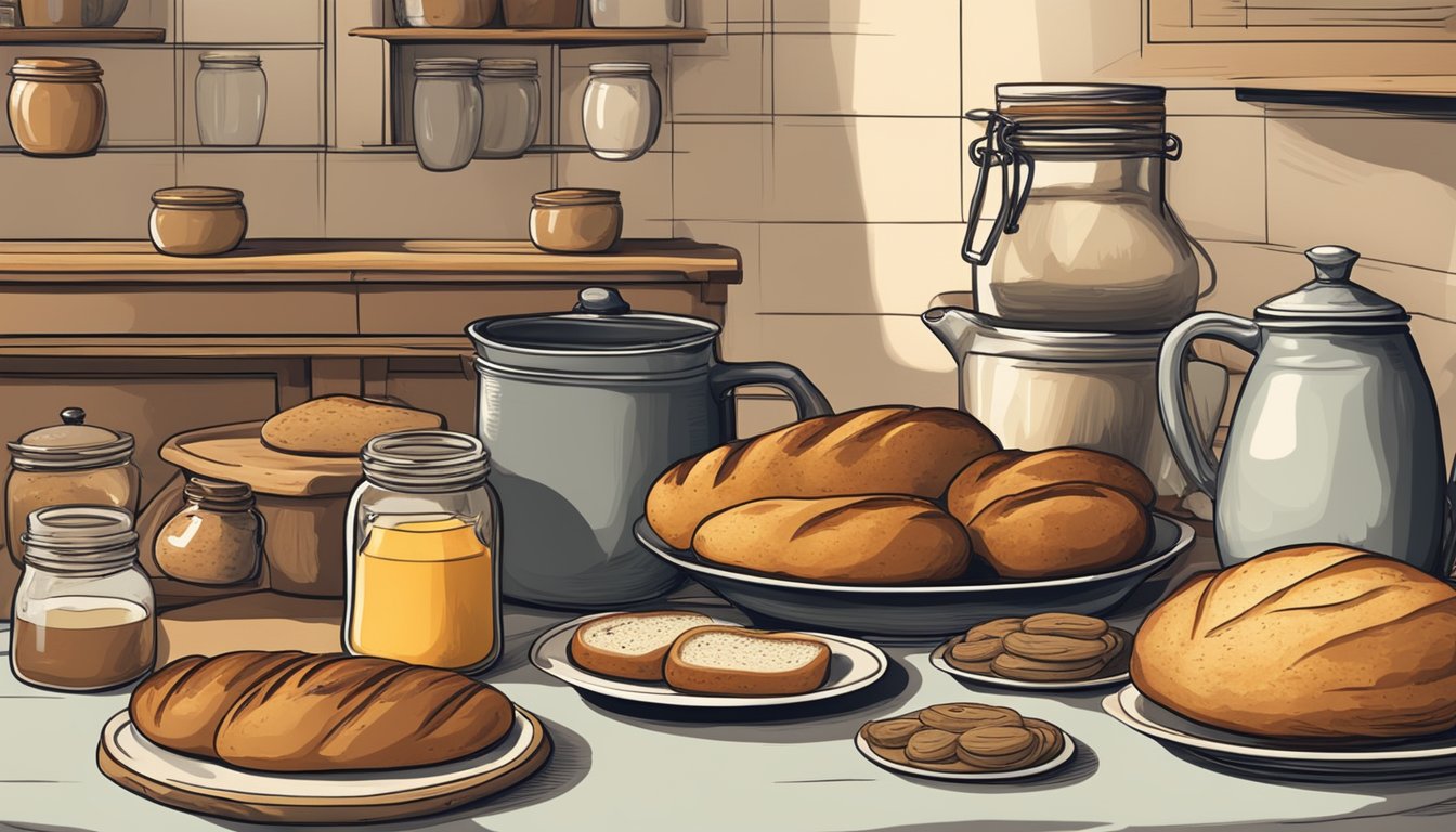 A rustic kitchen table with a variety of bread loaves and rolls, accompanied by jars of homemade spreads and a pot of steaming coffee