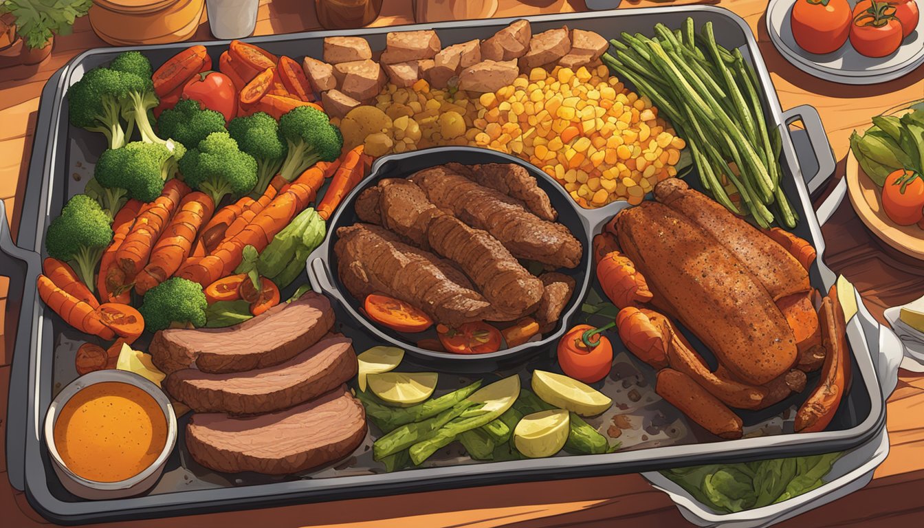 A sheet pan filled with sizzling vegetables and perfectly roasted meats, surrounded by the warm glow of a Texas sunset