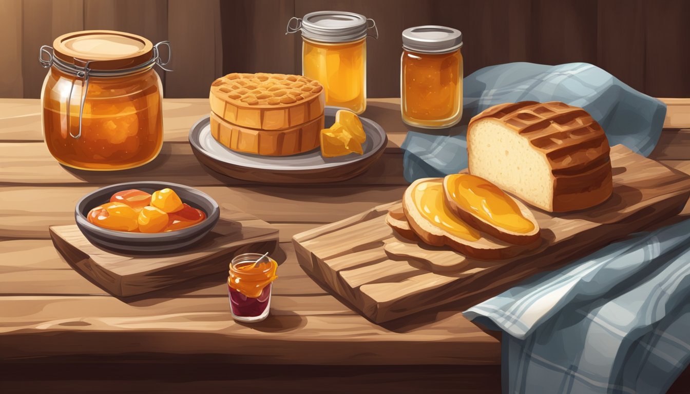 A rustic wooden table adorned with various Texan desserts and snacks, including slices of freshly baked bread, accompanied by jars of honey and jam