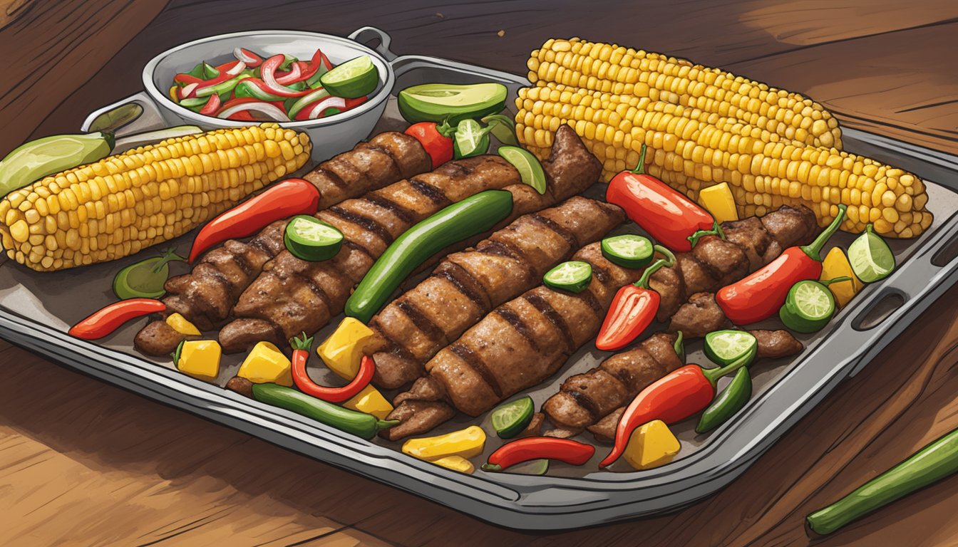 A sheet pan filled with sizzling fajitas, roasted corn, and spicy jalapenos, surrounded by cowboy boots and a lone star flag