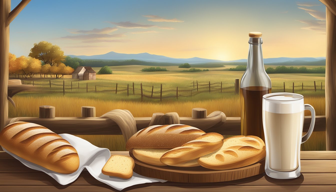 A rustic wooden table with a basket of freshly baked bread and a variety of beverages, set against the backdrop of the Texas countryside