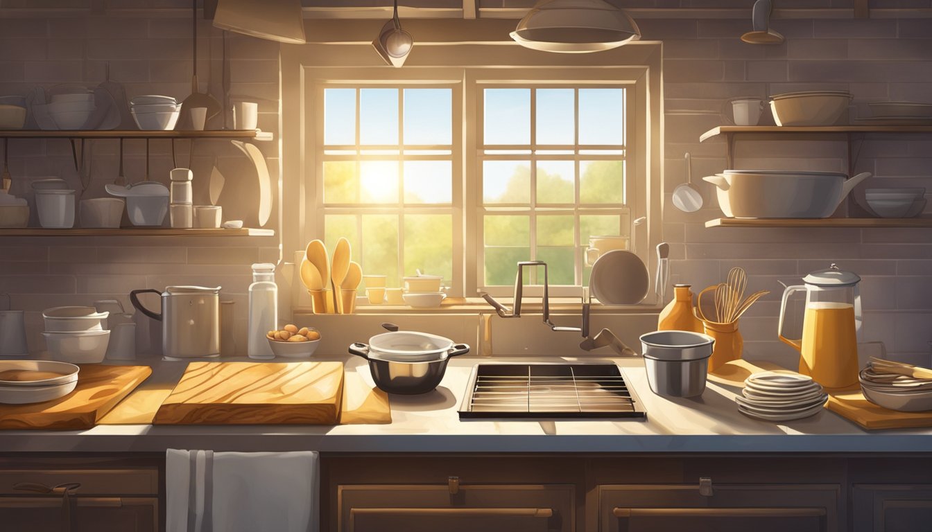 A rustic kitchen with a large sheet cake cooling on a wire rack, surrounded by scattered baking tools and ingredients. Sunlight streams through a window, casting warm shadows on the scene