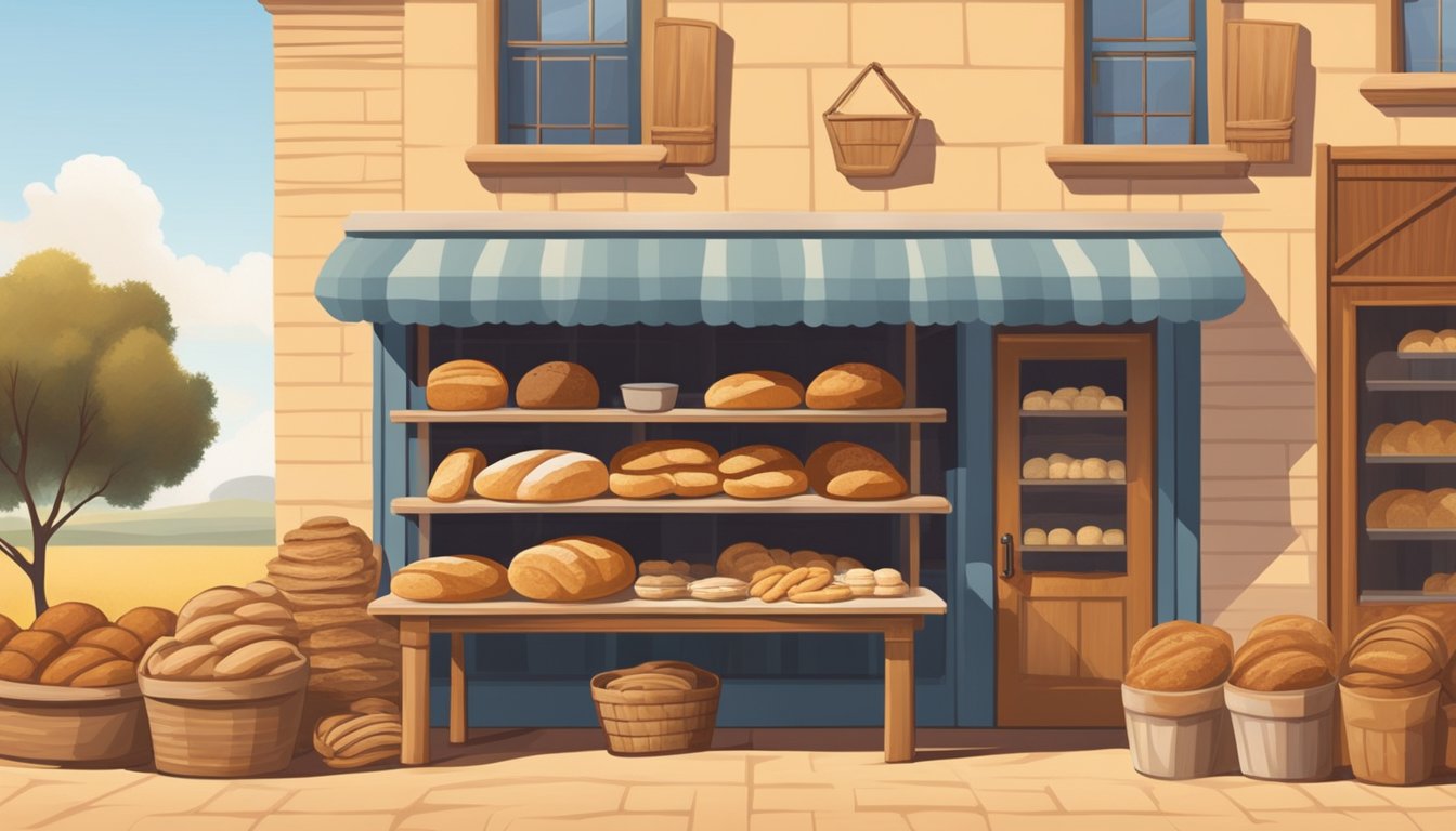 A warm, rustic bakery with shelves of various types of bread, from traditional sourdough to modern artisanal loaves, set against the backdrop of the Texas landscape