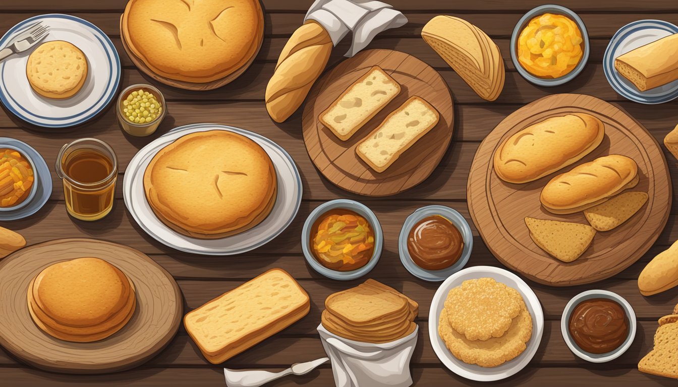 A rustic wooden table displays an array of regional bread specialties from Texas, including fluffy biscuits, hearty cornbread, and crispy tortillas