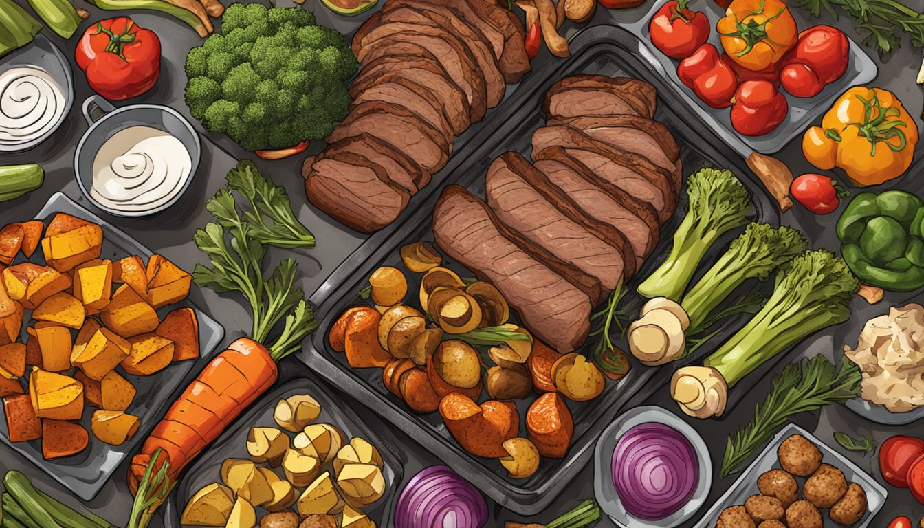 A colorful array of roasted vegetables and seasoned meats sizzling on a sheet pan in a Texas kitchen