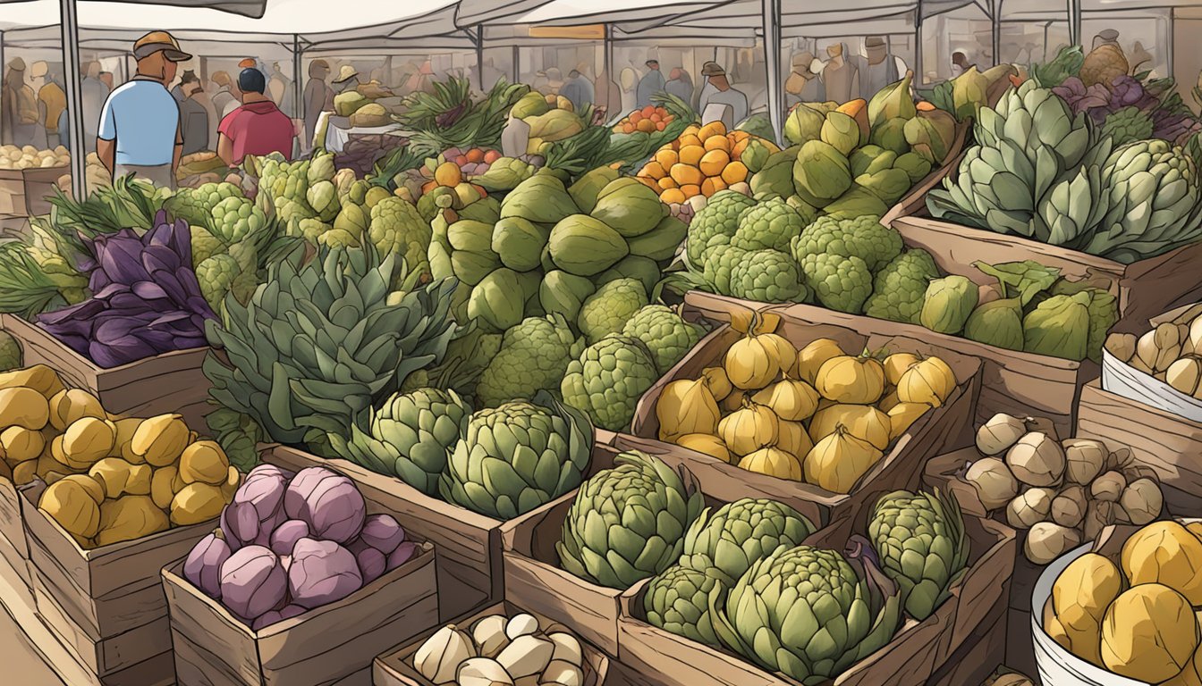 A bustling Texas farmers' market with piles of sweet, nutty, earthy, and smoky artichokes on display