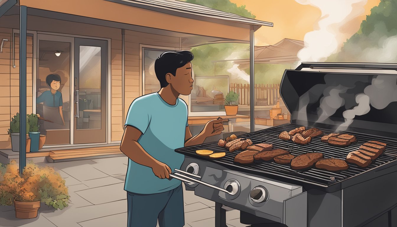 A person grilling various meats on a Korean BBQ grill at a backyard cookout in Texas. Smoke rises as the meat sizzles and caramelizes