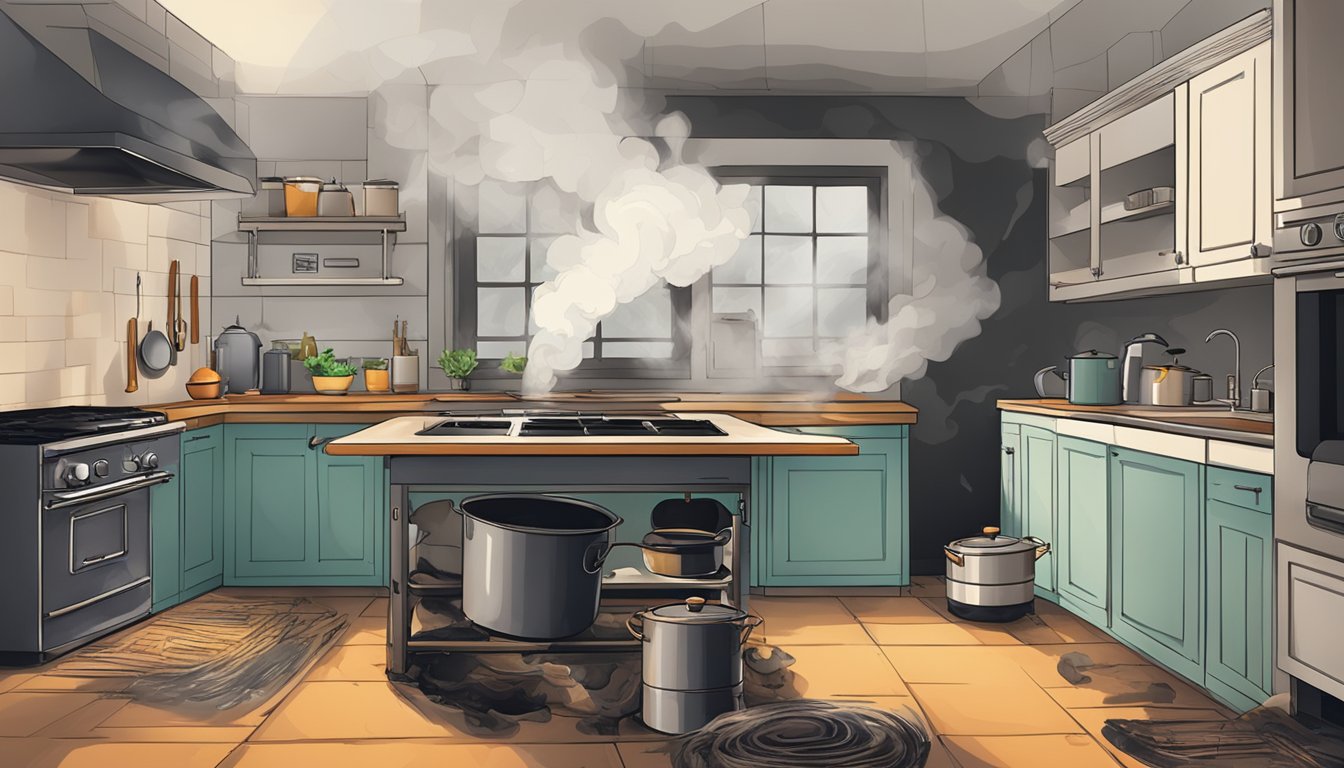 A charred kitchen with smoke lingering in the air, a fire extinguisher nearby, and a pot smoldering on the stove