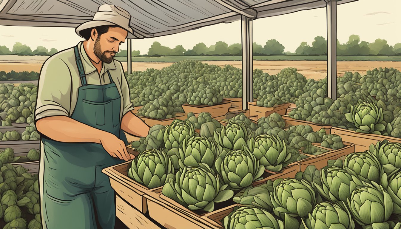 A farmer selecting fresh artichokes from a market stand in Texas